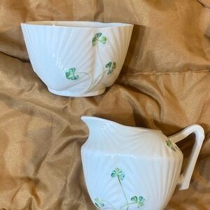 Belleek Harp Shamrock Open Sugar Bowl and Creamer